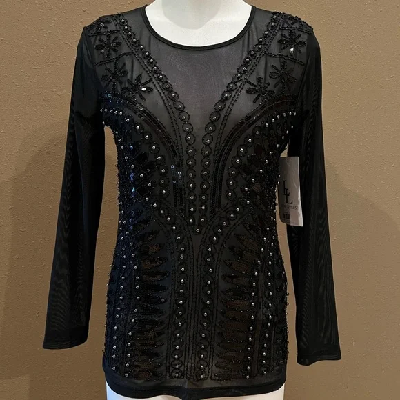 Frank Lyman black gunmetal beaded knit top Size Large - Picture 2 of 9